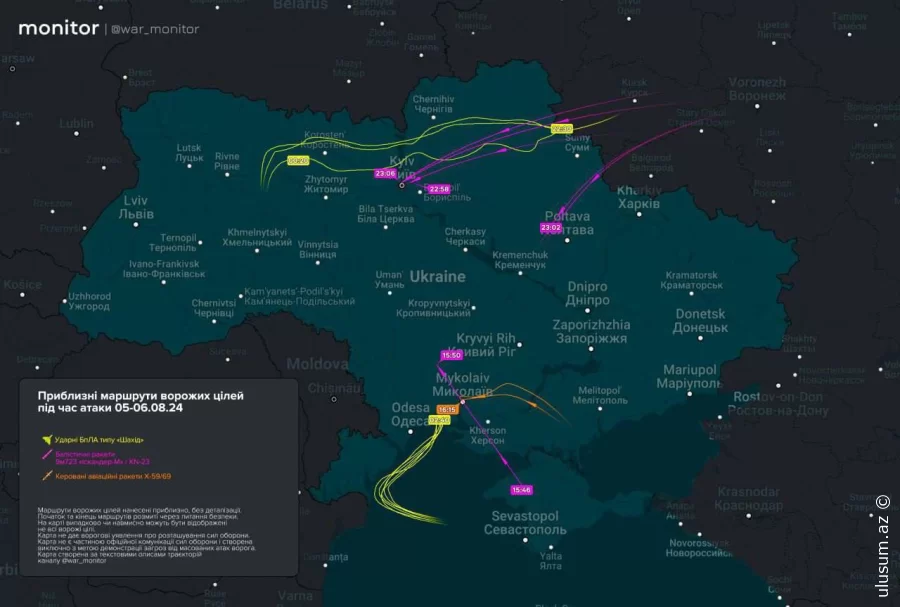 Ukraynaya gecə hücumunun təxmini xəritəsi yayımlanıb