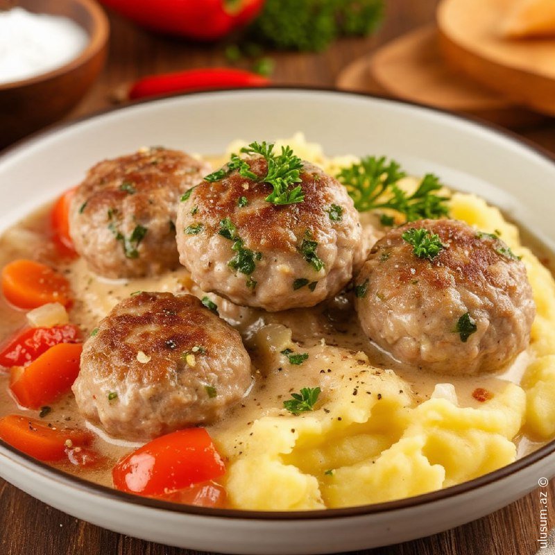 Nahar üçün seçim -  Qaymaq sousunda toyuq küftələri və kartof püresi