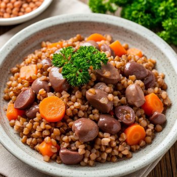 Toyuq ürəyi və tərəvəzli qarabaşaq yarması