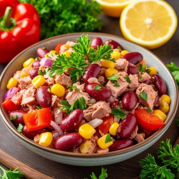Lobya, tuna və tərəvəzlərlə salat