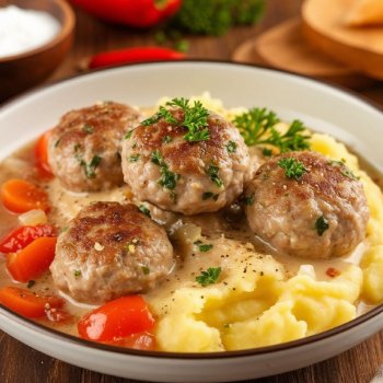 Nahar üçün seçim -  Qaymaq sousunda toyuq küftələri və kartof püresi